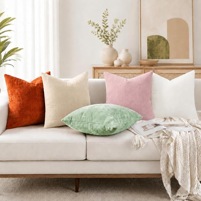 decorUhome Soft Chenille Beige Throw Pillow Covers 16X16 Set of 2 | Decorative Fall Couch Pillow Covers Solid Dyed Accent Modern Farmhouse Neutral Square Pillow Cases for Sofa