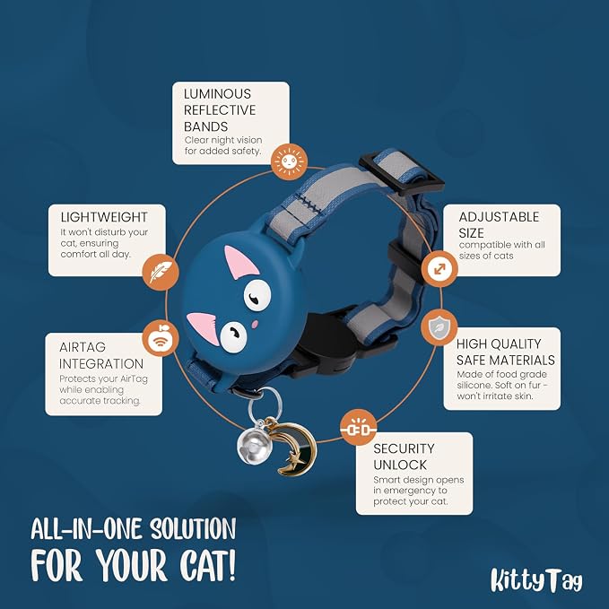 AirTag Cat Collar – Breakaway Reflective & Waterproof Collar with Built-in Holder, Adjustable with Bell for Indoor/Outdoor Cats – AirTag Not Included, Blue Marine (9-12")