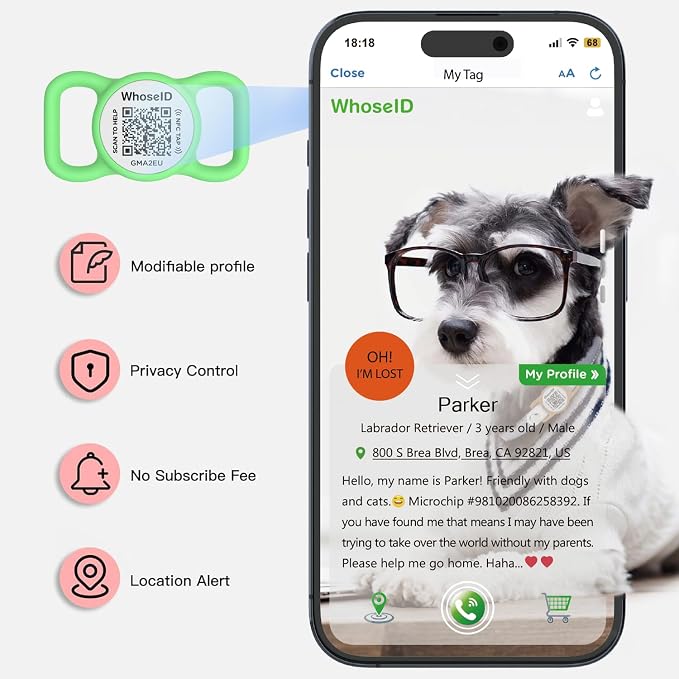 QR Code Dog Tag with NFC, Personalized Pet ID Tag, Silent Silicone Dog ID Tag, Modifiable Pet Online Profile, Multiple Emergency Contact, Scan QR Code Send Location Email (Regular, Green)