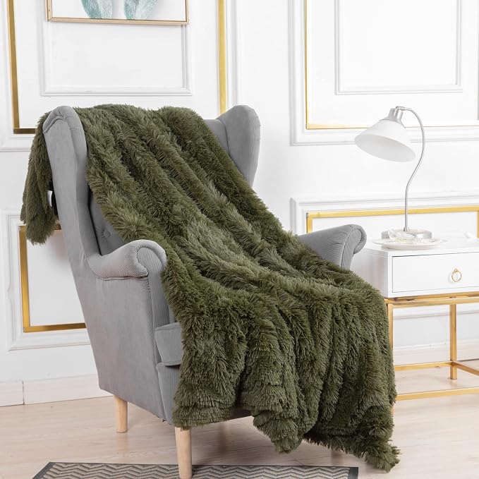 YUSOKI Long Faux Fur Throw Blanket, Olive Green,50" x 60" | Ultra Soft, Lightweight for All Season Use, stays fluffy after repeated washes, Perfect Gifts, Machine Washable