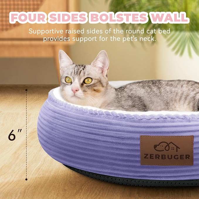 Zerbuger 20in Violet Round Dog Bed Sofa for Dogs Cats, Machine Washable | for Small/Medium/Large Dogs Cats, Foam Pet Couch with Removable Mat Non-Slip Bottom, Pet Cuddler for Indoor/Outdoor/Car/Cage