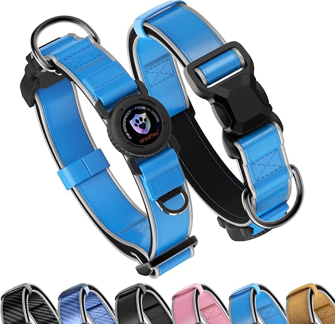 Leather AirTag Dog Collar, Magnetic Buckle, Reflective, Blue M
