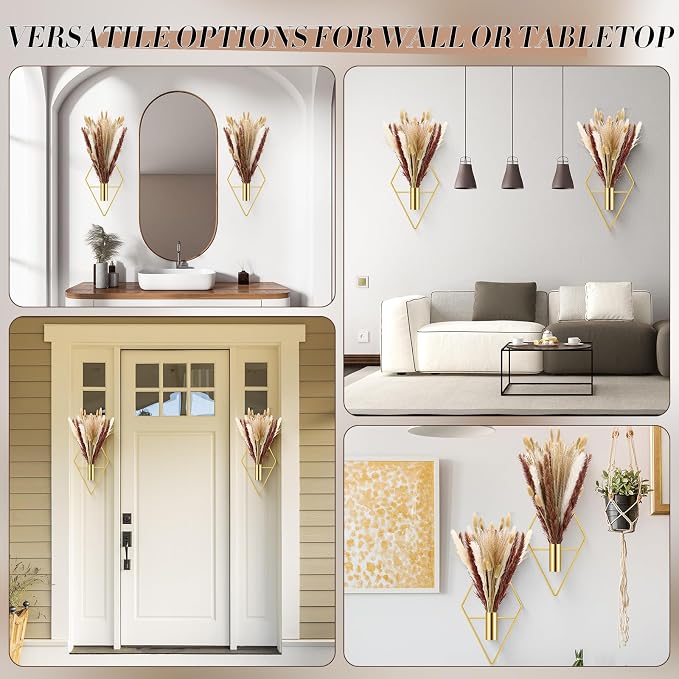 Hanaive 4 Sets Boho Wall Decor Metal Wall Art Hanging Planters with Artificial Pampas Display Modern Home Vase for Bedroom Home Office(Mixed,White，Brown)