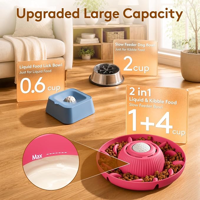 Slow Feeder Dog Bowls 2 in 1 Liquid Treat Dog Lick Mat Bowl – Anti Slip 5‑Cup Large Capacity Liquid and Kibble Food Treat Dispenser for Slowing Down Eating for Large Medium Small Dogs and Cats (Pink)