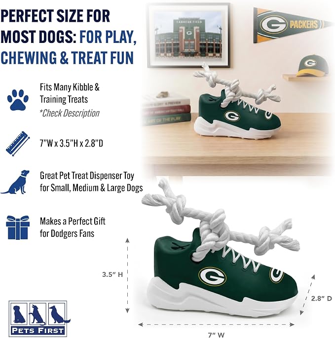 Pets First NFL Green Bay Packers Cleat Sneaker Spike Dog Toy, Football Treat Dispenser Chew Toy for Dogs, Interactive Rope Tug Toy, Slow Feeder Natural Rubber Dog Toy with Official Team Logo