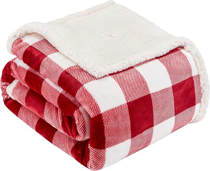 Sherpa Red and White Buffalo Plaid Christmas Twin Blanket 60" X 70", Fuzzy Fluffy Soft Cozy Blankets, Fleece Flannel Plush Microfiber Throw for Couch Bed Sofa (Red and White)