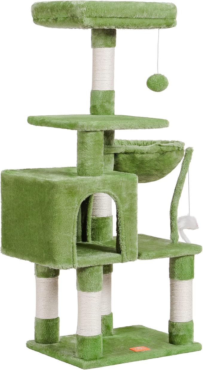 Heybly Cat Tree with Toy, 43.3 inch Cat Tower for Indoor Cats HCT004SGR | Cat Condo with Durable Sisal Scratching Posts, Cat House with Padded Plush Perch, Cozy Hammock, Green