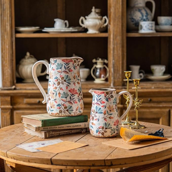 Vintage Colorful Flower Ceramic Vase with Handle, Retro Ice Glazed Crack Farmhouse Pitcher Vase for Home Decor, Living Room, Shelf, Office, Rustic Table Centerpiece 7 Inch