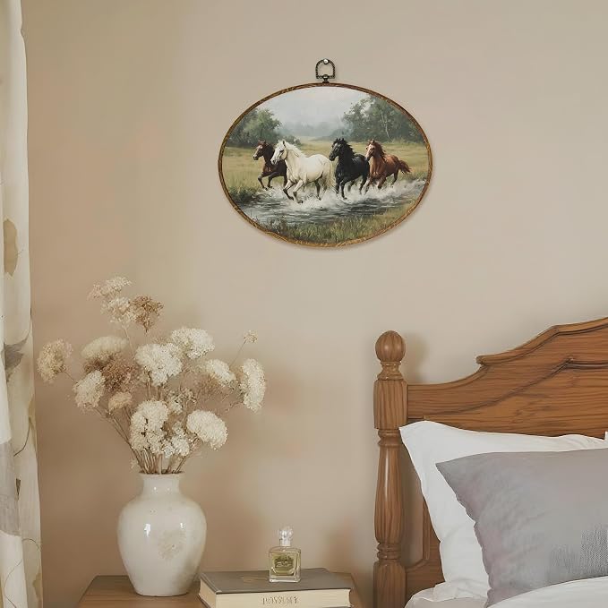 LKETW Vintage Horse Oval Wall Art Decor, Rustic Farmhouse Equestrian Oval Canvas Hanging Decor, Wild Horse Running Wall Decorations for Home Bedroom Living Room, 11.4x8.6 Inch