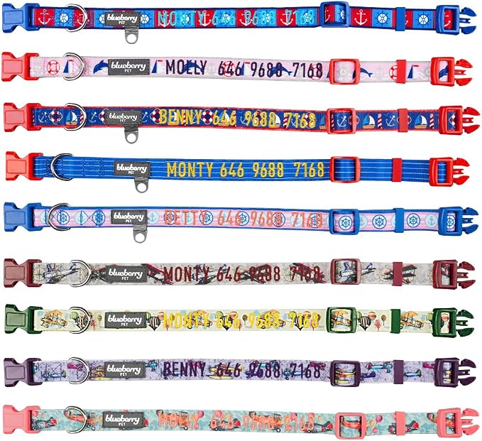 Blueberry Pet Essentials 8 Patterns Personalized Dog Collar, Nautical Navy Sailor, Medium, Adjustable Customized ID Collars for Medium Dogs Embroidered with Pet Name & Phone Number