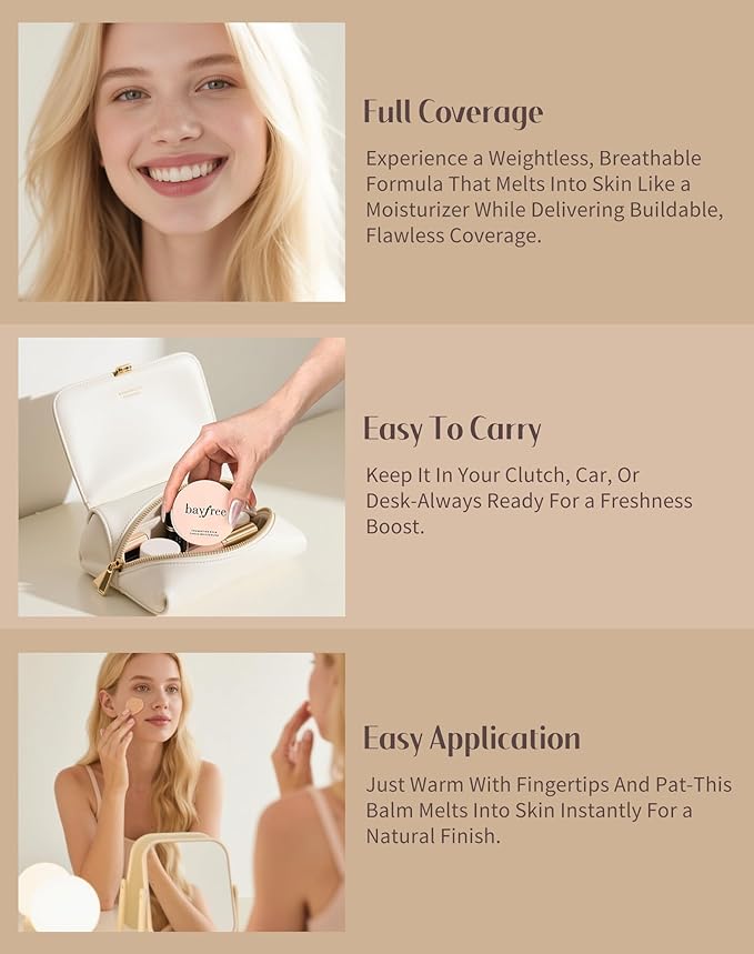 bayfree Tinted Moisture Foundation Balm, All-Day Wear Full Coverage Foundation, Hydrating & Weightless, Sweatproof & Humidity-Resistant, Buildable Natural Finish, Vegan Korean Makeup