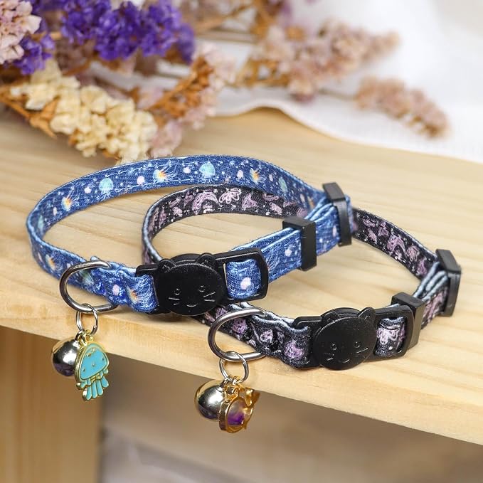 Cat Collar Breakaway, 2 Pack Cotton Kitten Collars with Bells and Removable Charms, Cute Ocean Shaped for Indoor Boy, Girl and Adult Cats