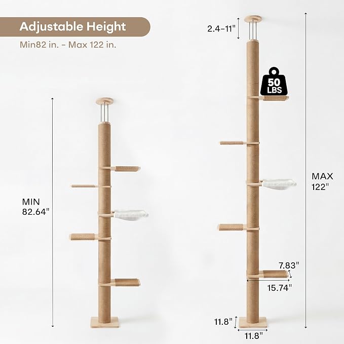 Floor to Ceiling Cat Tree,5 Tier Adjustable Height Climbing Tower | 6-10.1 FT with Sisal Scratching Posts, Cats Activity with Cozy Hammock for Indoor Cats (Floor to Ceiling)