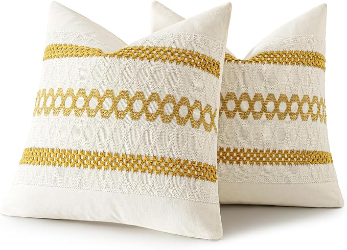 MIULEE Set of 2 Mustard Yellow Boho Decorative Pillow Covers 16x16 Inch | Fall, Boho Farmhouse Modern Couch Throw Pillows, Cotton Cushion Covers, Macrame Woven Home Decor for Bed Sofa Chair