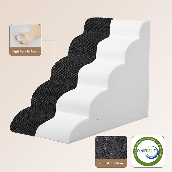 EHEYCIGA Curved Dog Stairs Ramp, 5-Step High Beds, 22.6" H Pet Step | 33D density of pure foam, for Small Dogs and Cats, Pet Stairs for High Bed Climbing, Non-Slip Balanced Indoor, Black