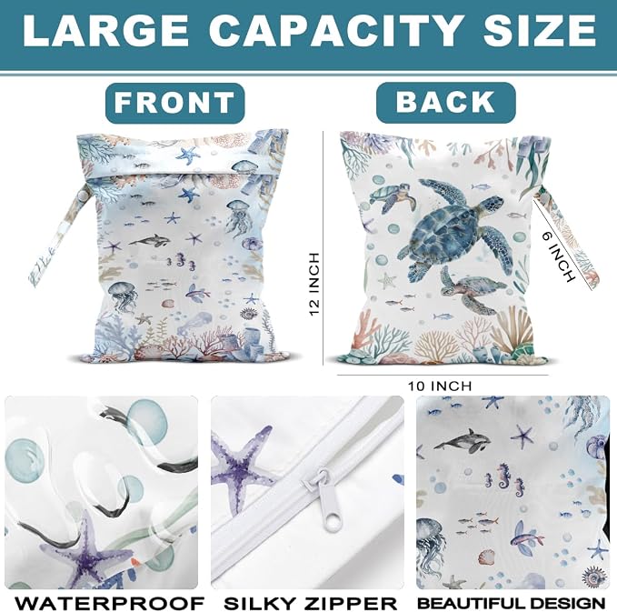 ZHAMEN 2Pcs Wet Bag, Wet Dry Bag Reusable with Zipper, Travel, Beach, Pool, Diapers, Baby Clothes, Dirty Yoga Gym Clothes, Makeup Bag, Waterproof Wetdry Packing, Coral Sea Turtle Decor (12x10 Inch)