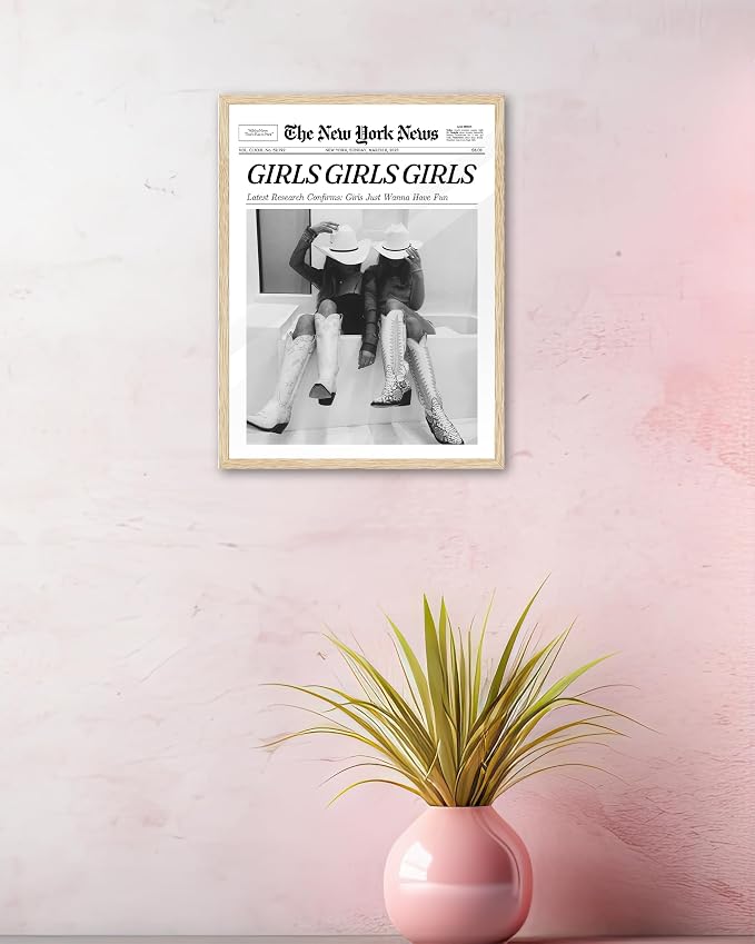 iHery 8x10in Girls Just Wanna Have Fun Framed Newspaper Wall Art | Natural OAK Wood Frame with Canvas Print, Western Cowgirl Decor for Bedroom, Dorm, Living Room and Bar Cart, 1Pack