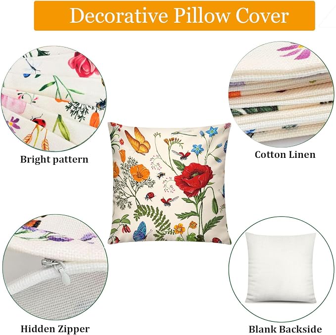 Spring Summer Throw Pillow Covers 18x18 Set of 6, Wildflower Nature Decor | spring summer floral bloom, Standard Throw Pillow Size, Breathable Linen, Neutral flower, Couch Sofa Living Room decor