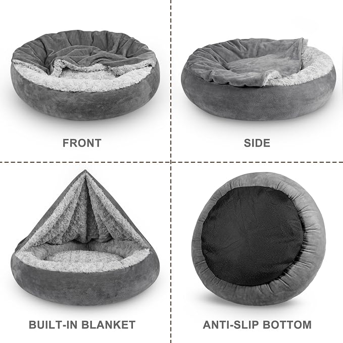 JOEJOY Small Dog Bed Cat Bed with Hooded Blanket, Cozy Cuddler Luxury Puppy Pet Bed, Donut Round Calming Anti-Anxiety Dog Burrow Cave Bed - Anti-Slip Bottom and Machine Washable 26 inch