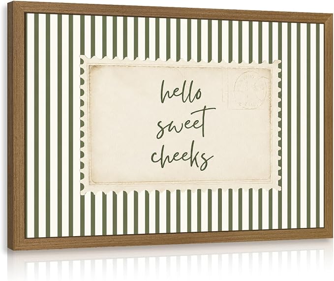 VziizV Vintage Typography Wall Art, Hello Sweet Cheeks Quote Canvas Print, Cottagecore Green Stripe Wall Decor, Neutral Farmhouse Artwork for Nursery Bedroom Bathroom Wood Framed 16x24 Inch