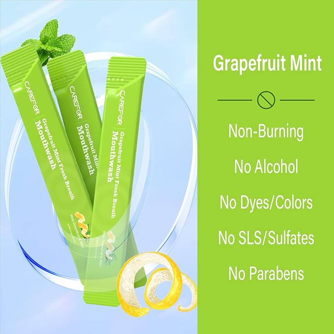 Travel Size Mouthwash Packets – Individual Mini, Alcohol & Fluoride Free, Grapefruit Mint Flavor, Mouthwash to Go for On-The-Go Freshness, Bulk Packets 0.41 Fl Oz(Pack of 60)