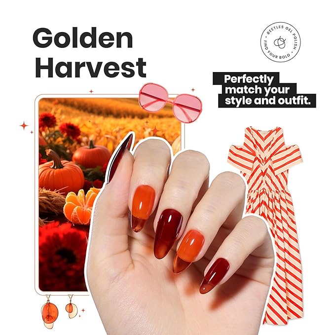 Beetles Spring Nail Polish Set - Golden Harvest 6 Colors Quick Drying Long-Lasting Burgundy Red Brown Jelly Glitter Spring Nail Polish for DIY At-Home Manicure Spring Gift for Women
