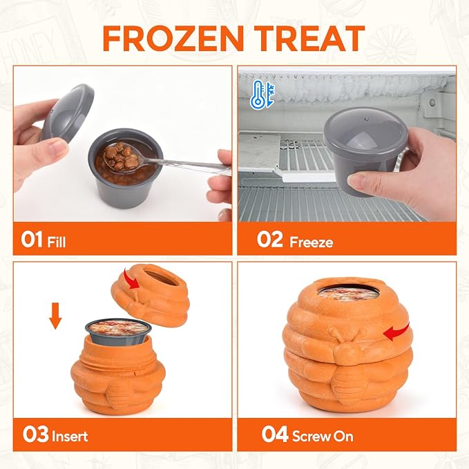 AUSCAT Dog Frozen Treat Toy, Safe and Durable Dog Enrichment Toys to Keep Them Busy, Dog Treat Dispenser in Honey Jar Shape, Orange