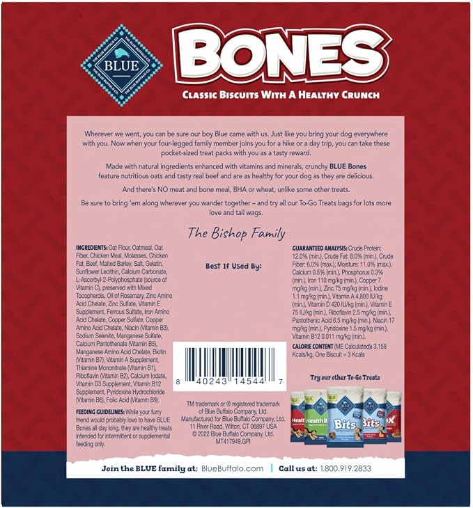 Blue Buffalo Bones Natural Crunchy Dog Treats to-GO, Mini Dog Biscuits, Beef 1-oz Bags (Pack of 12)