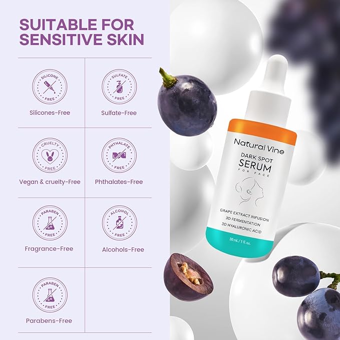 Natural Vine Dark Spot Remover for Face Serum: Age Spot Sun Spot Brown Spot with Grape Extract, Fermentation Complex, Hyaluronic Acid & Vitamin E, for Women and Men, 1 FL OZ / 30mL
