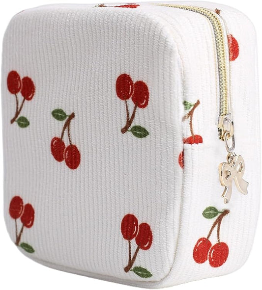 Period Bag for Women, Portable Corduroy Sanitary Napkin Storage Bag Cherry Period Pouch with Zipper, Sanitary Pads Bag Tampons Holder for Purse, First Period