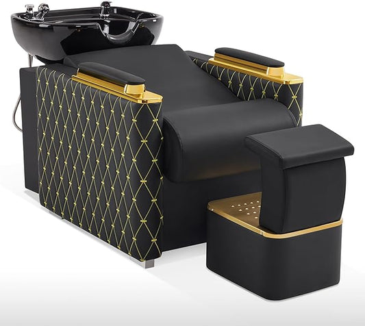 BarberPub Backwash Shampoo Station Chair with Porcelain Ceramic Hair Wash Bowl, Vacuum Breaker, Professional Black&Gold Shampoo Chair and Bowl Unit for Salon and Spa 8613 (Black&Gold)