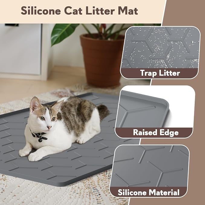 Garoopion Silicone Cat Litter Mat Large 40" X 28", Easy to Clean, Dark Gray | Large Size Waterproof Silicone Mat with Raised Edges, Catch Litter, Protect Floor from Urine, Multi-Use for Dog/Sink/Kitchen