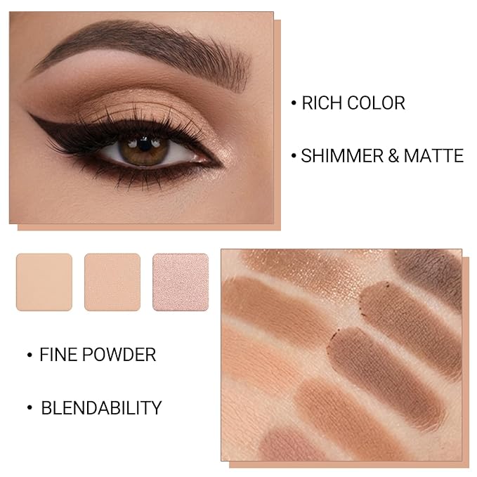 Erinde 12 Colors Eyeshadow Palette, Latte Brown Neutrals & Nude Eye Shadow Makeup, Matte Shimmer Finishes, Long Lasting Ultra-Blendable Waterproof Eyeshadow Powder for Daily & Party, 08