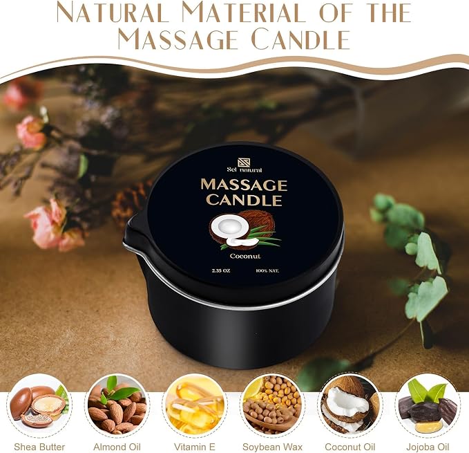 3 Pack Massage Oil Candles 2.35oz Low Temp Massage Candle Wax 3 Scent Vanilla, White Tea, Coconut Spa Therapy Body Oil Christmas Valentine's Day Gifts for Relaxation, Couples, or Self-Care