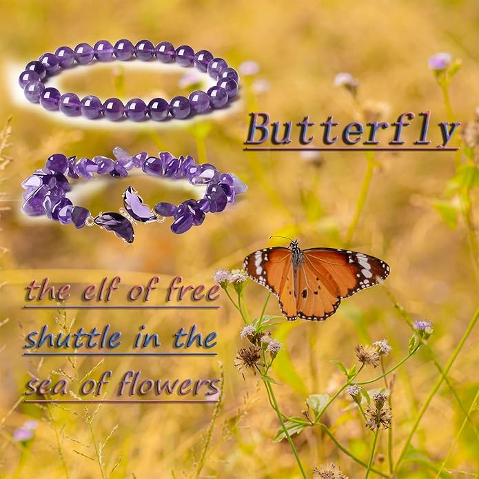 DUQGUHO 2Pcs Butterfly Bracelets for Women Healing Crystals Bracelets for Women Natural Gemstone Bead Bracelet Cute Butterfly Charm Bracelet Stretch 8mm Crystal Jewelry Gifts for Women