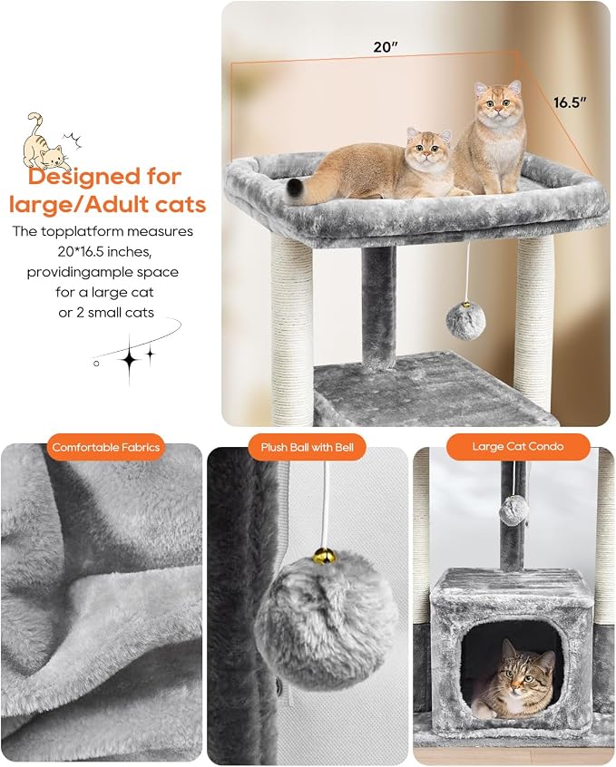 SYANDLVY 27IN Cat Tree for Indoor Cats Large Adult, Modern Activity Tower | Scratching Posts, Condo with Plush Perch, Climbing Stand with Spring Ball for Play, Grey
