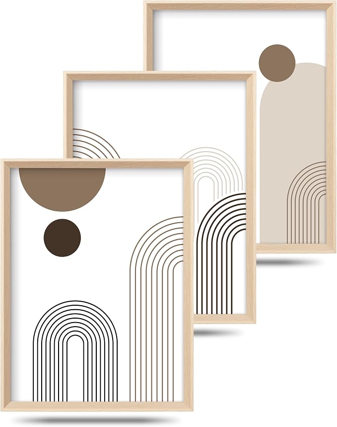 HesenDot Boho Neutral Framed Wall Art, Abstract Line Canvas Prints | 12x16IN Set of 3, High Framed Wood Design Prints, Mid Century Minimalist Wall Decor for Living Room Bedroom Bathroom Office