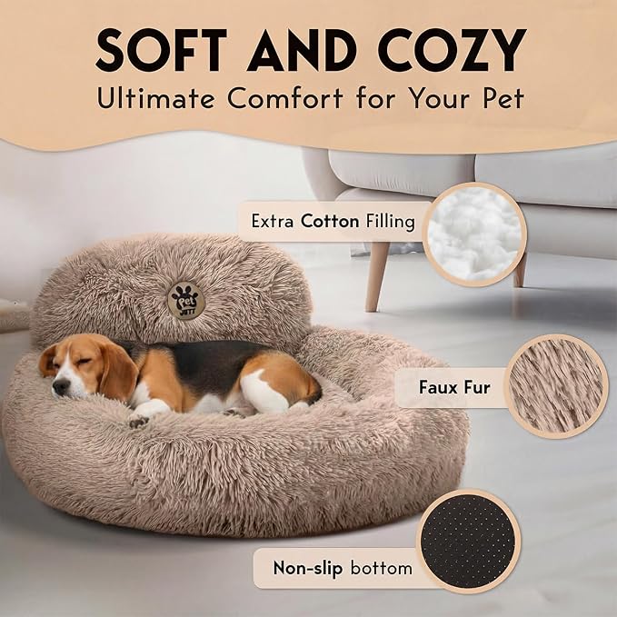 PetJett Calming Medium Dog Bed - 30'' Round Dog Beds - Washable Dog Bed - Anti-Slip Super Soft Fluffy Plush Donut Bed, Anti-Anxiety Premium Comfort Pet Bed, Fits Dogs up to 45 lbs - Beige