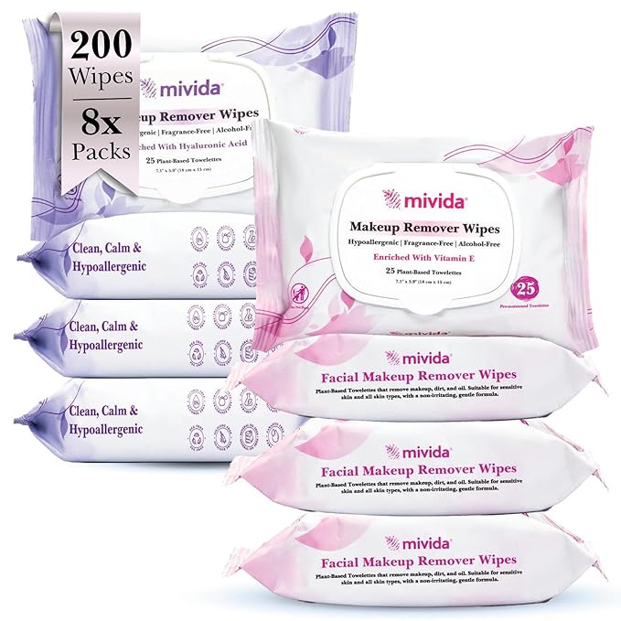 mivida Hypoallergenic Makeup Remover Wipes, Variety Box of 200 Wipes (8x25) 4 Packs with Vitamin E + 4 Packs with Hyaluronic Acid, Fragrance Free,Travel Size Plant-Based make up wipes