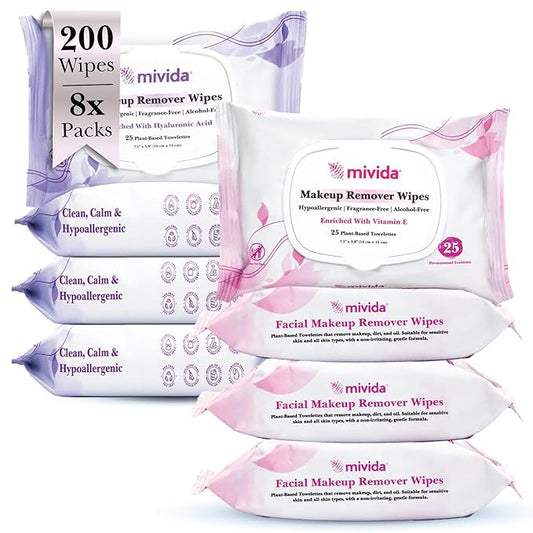 mivida Hypoallergenic Makeup Remover Wipes, Variety Box of 200 Wipes (8x25) 4 Packs with Vitamin E + 4 Packs with Hyaluronic Acid, Fragrance Free,Travel Size Plant-Based make up wipes