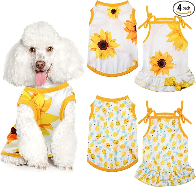 Frienda 4 Pieces Dog Clothes Set Include 2 Pcs Cute Pet Dress Lovely Dog Dress and 2 Pcs Breathable Pet T Shirt Puppy Clothes(Pineapple, Sunflower,Medium)