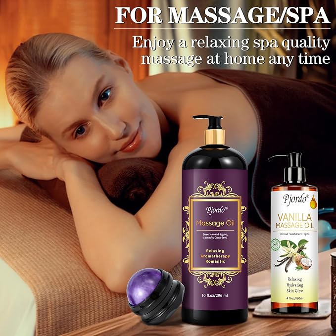 Pjordo Massage Oil for Massage Therapy, Vanilla, Lavender Oil, with Massage Roller Ball, Massage Oils for Muscle Relaxing, Calming, Soothing & Moisturizing, Spa Gift Set for Her and Him