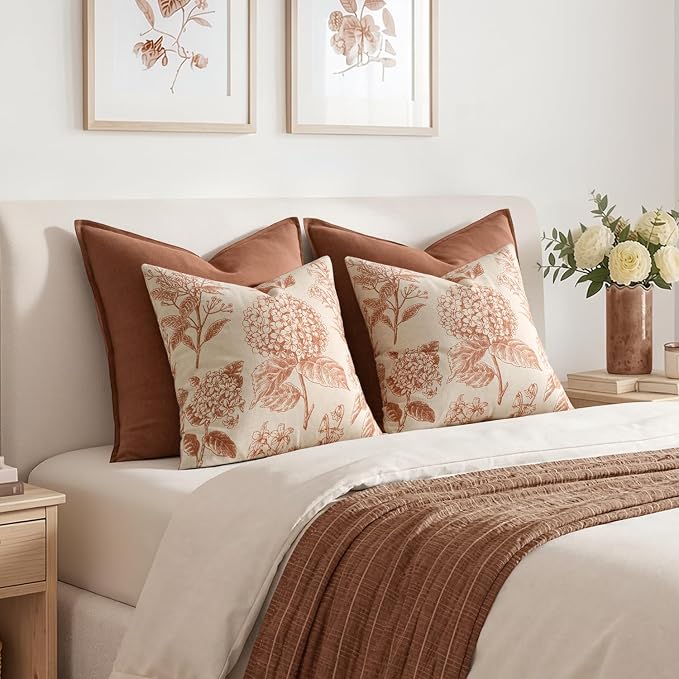 Set of 2 Decorative Floral Pillow Covers 18x18 Inch Autumn Orange | Neutral Hydrangea Print, Boho Vintage Throw Cushion Covers, Cottagecore Home Decor, for Sofa Couch Porch Bedroom Living Room