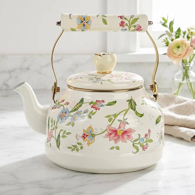 Jucoan 2.6 Quart Vintage Enamel Tea Kettle, Green Floral Stovetop Water Kettle Teapot with Porcelain Handle for Home Kitchen Camping Tea Party, Gift for Bridal Shower Wedding Housewarming Mother's Day