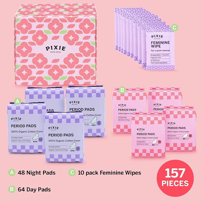 Pixie Organic Cotton Pad Kit for Girls – 64ct Mini & 48ct Regular Pads with Wipes – Leak-Proof with Wings – Perfect for Teens & Light to Average Flow
