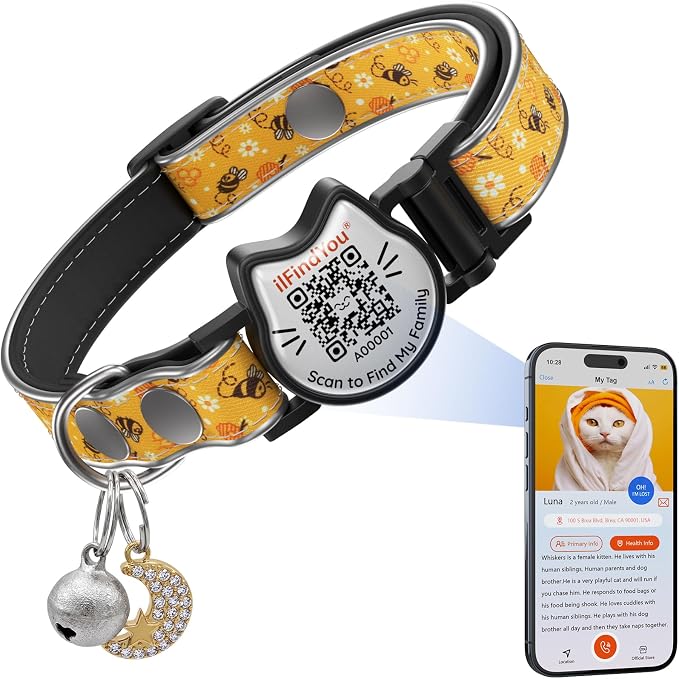 Breakaway Cat Collar QR Code, Reflective Bell, Adjustable Kitten, Bees