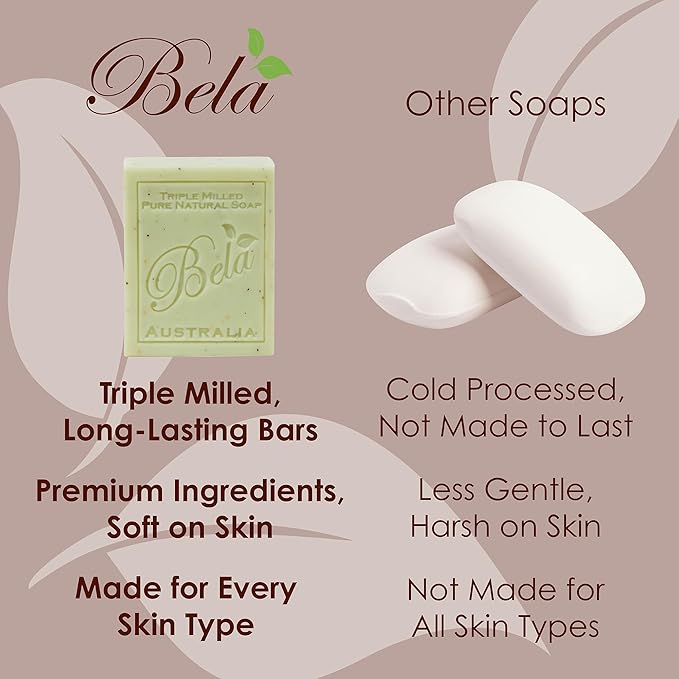 BELA Lemon Myrtle and Lemongrass Soap 3.3 OZ Pack of 12, Long Lasting French Triple Milled Bar Soap with Organic Shea Butter Hand, Face and Body Wash Bar, Made in Australia