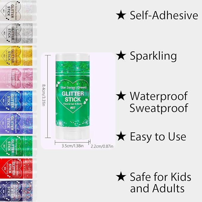 Mysense Green Body Glitter Stick,Christmas Face Hair Glitter Stick,Stocking Stuffers,Sparkling Chunky Mermaid Glitter Face Paint Makeup,Festival Rave Outfit St Patricks Day Accessories for Women