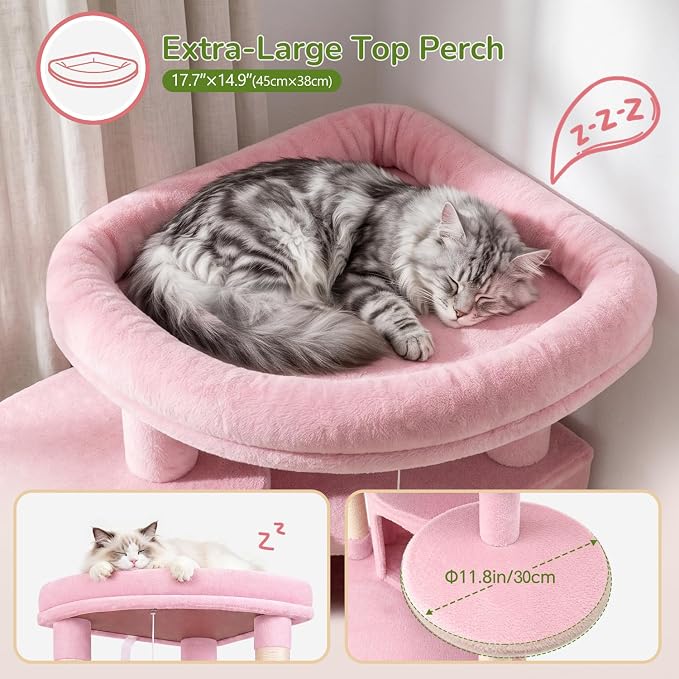 Globlazer 66in Pink Corner Cat Tree Tower for Indoor Large Cats, C66, Pink | Space-Saving Stable Cute Cat Tower with 6 Scratching Posts, 2 Large Fan-shaped Condos & Top Perch, Hammock, Climbing Steps