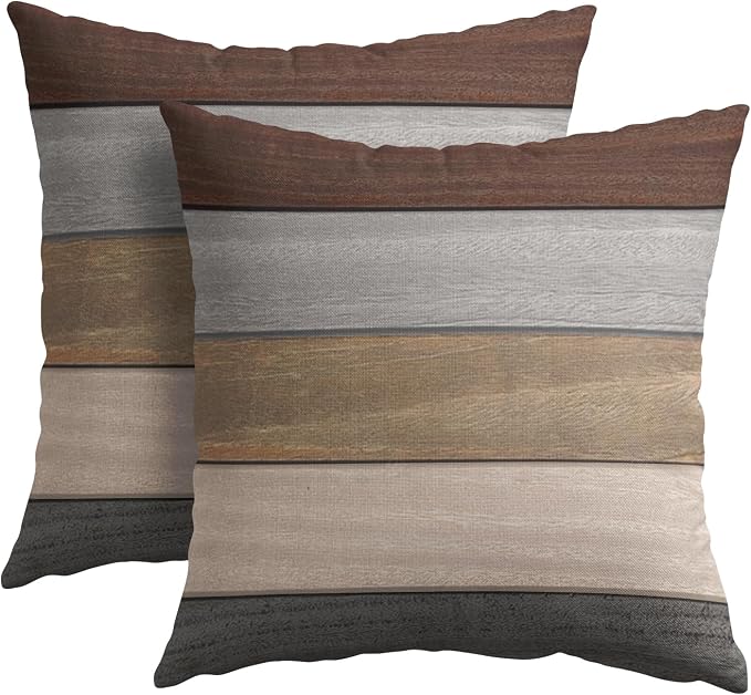 Kawani Grey Brown Wooden Pillow Covers 16x16 Inches Rustic Wood Grain Cotton Linen Square Pillow Cushion Cases for Bed Sofa Patio Porch Home Decor Housewarming Gifts Set of 2